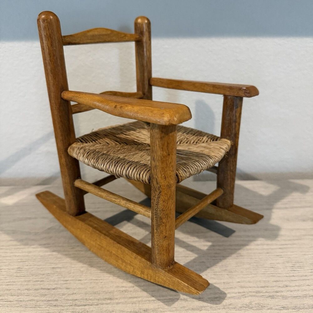 VINTAGE SMALL BROWN WOOD ROCKING CHAIR HANDCRAFTED WICKER 9" DOLL BEAR DISPLAY